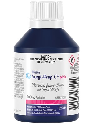 Surgi-Prep C+ 2% Chlorhexidine Gluconate & Ethanol 70% 100ml Bottle. Tinted Pink