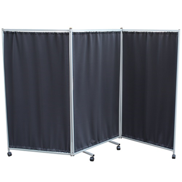 Three Panel Folding Mobile Screen with Grey Frame & Charcoal Grey Polyester Curtains