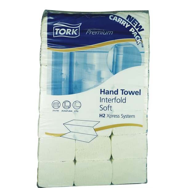 Tork Premium Hand Towel Interfold Soft 25.5cm x 21.2cm (H2) 2ply - White. 21 Packets of 150
