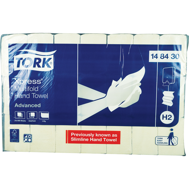 Tork Xpress Advanced Hand Towel Slimline H2 System 1ply 24cm x 21cm. 21 Packs of 185