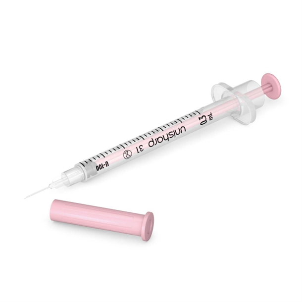UniSharp Pink 0.3ml Fixed Needle Syringe with 31G x 8mm Needle. Box of 100