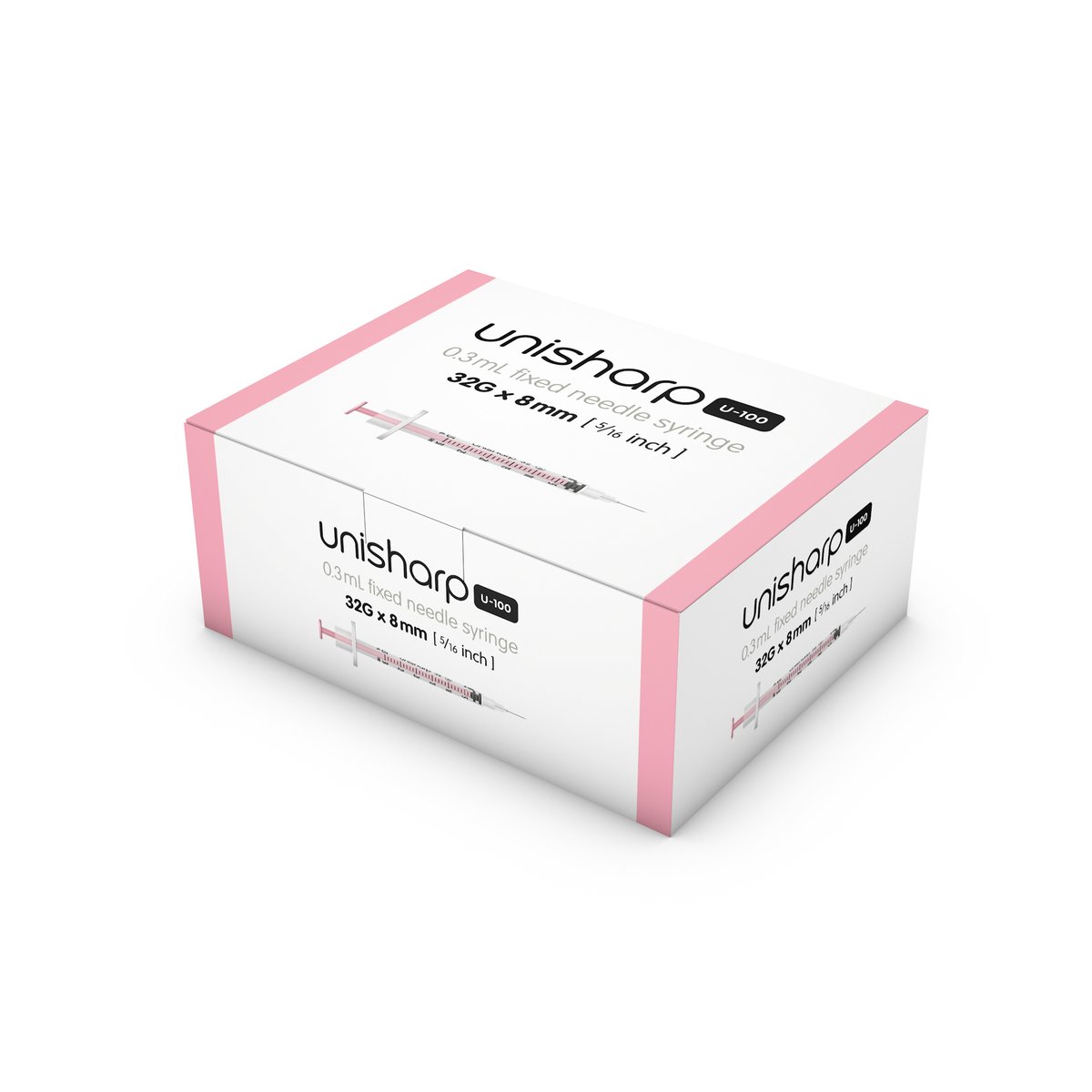 Unisharp Syringe 0.3ml with 32G x 8mm Needle. (Pink) Box of 100