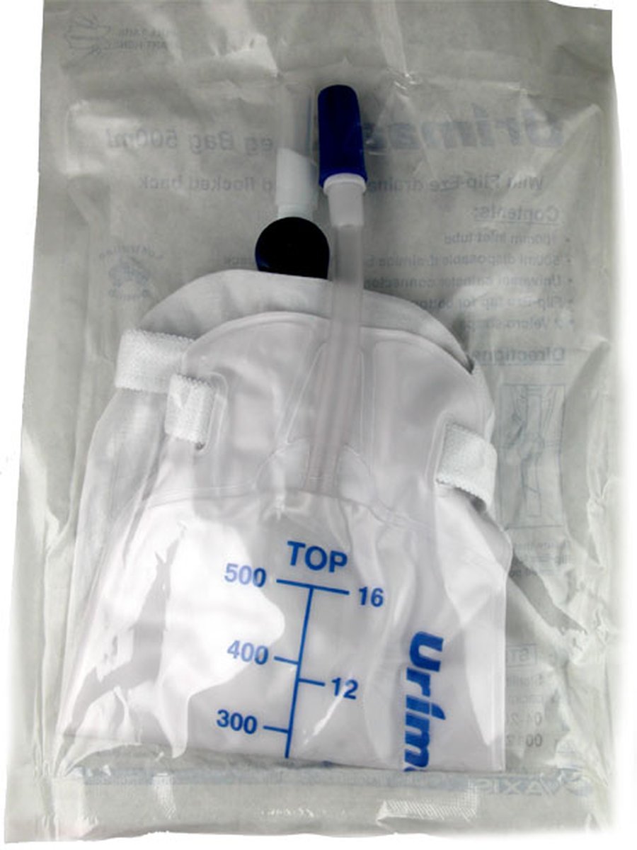 UrimaaX Urine Leg Bag 500ml with 10cm Inlet Tube and Flip-tap Bottom Outlet. Sterile Pack of 20