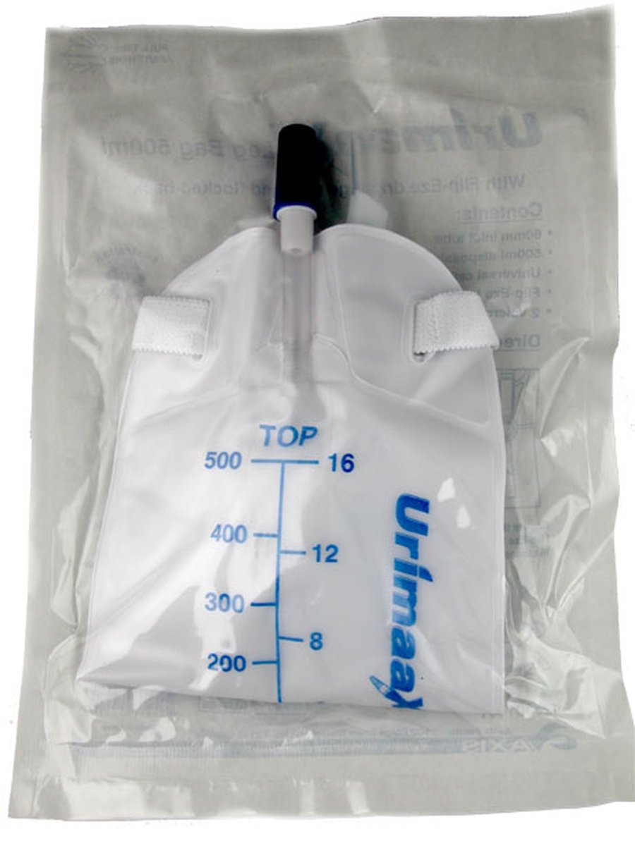 UrimaaX Urine Leg Bag 500ml with 6cm Inlet Tube and Flip-tap Bottom Outlet. Sterile Pack of 20