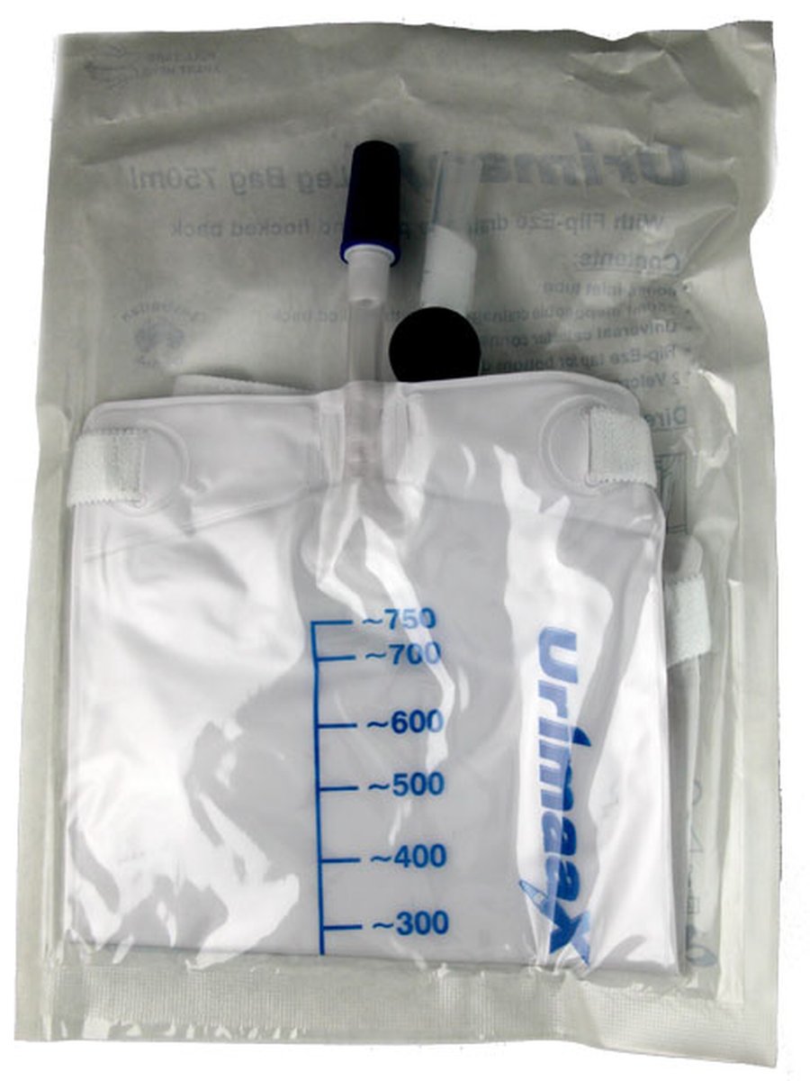 UrimaaX Urine Leg Bag 750ml with 6cm Inlet Tube and Flip-tap Bottom Outlet. Sterile Pack of 20
