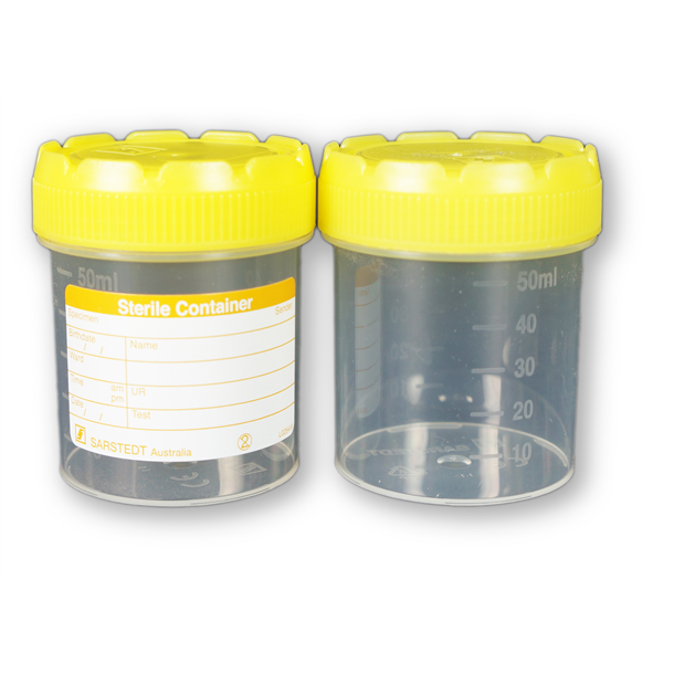 Urine Specimen Bottle Labelled with Yellow Cap. Sterile 70ml. Carton of 500